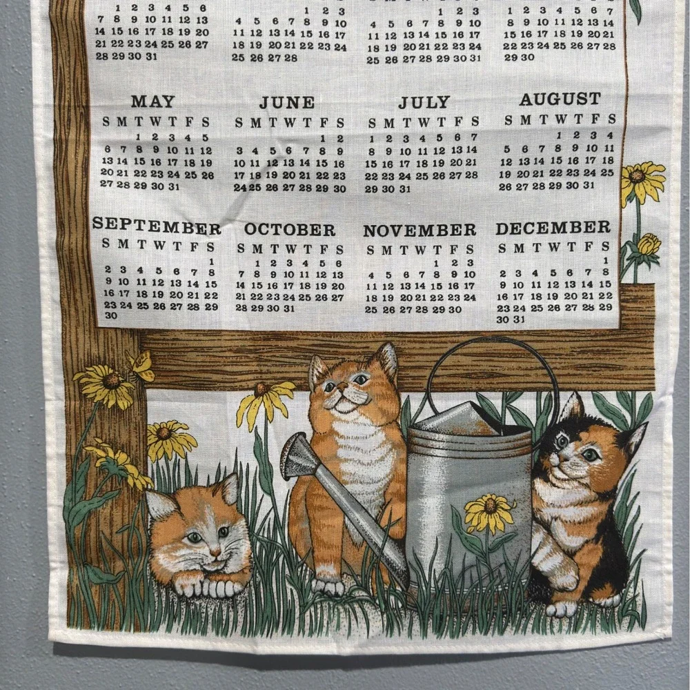 Vintage 1990 Kitten Cat Fabric Wall Calendar Tea Towel Cotton 15x25 Brazil Decor